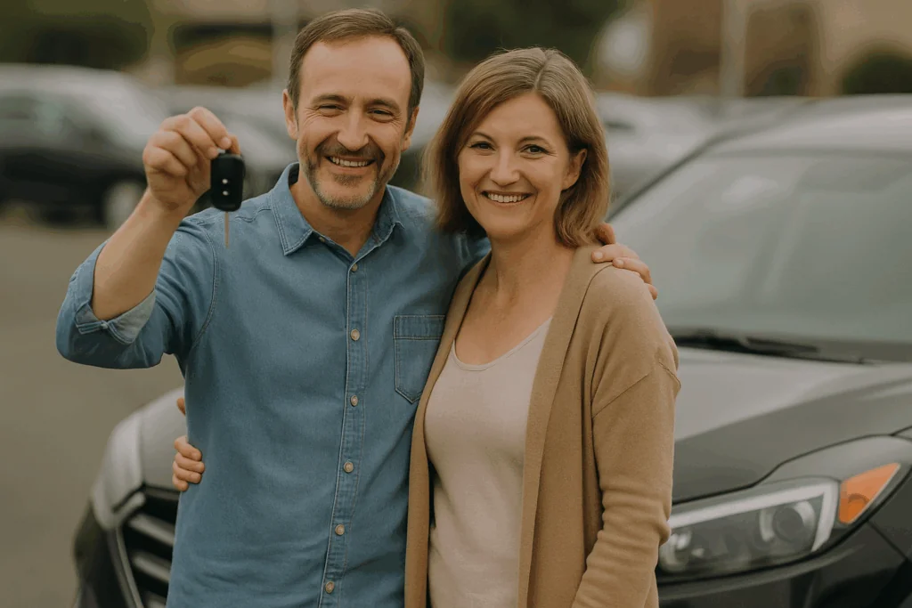 Happy couple holding car keys in front of a used car, celebrating their purchase at Auto Credit Sales in Spokane.