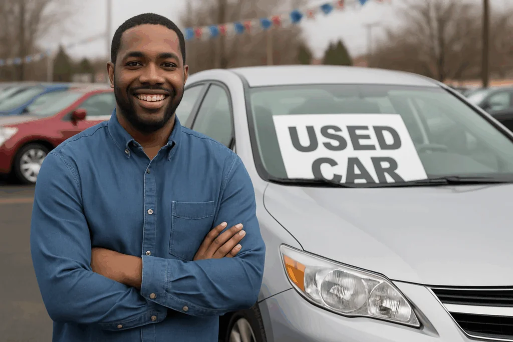 Smiling man standing next to a silver used car with a "USED CAR" sign, representing Auto Credit Sales' supportive approach to buying cars for individuals with bad credit.