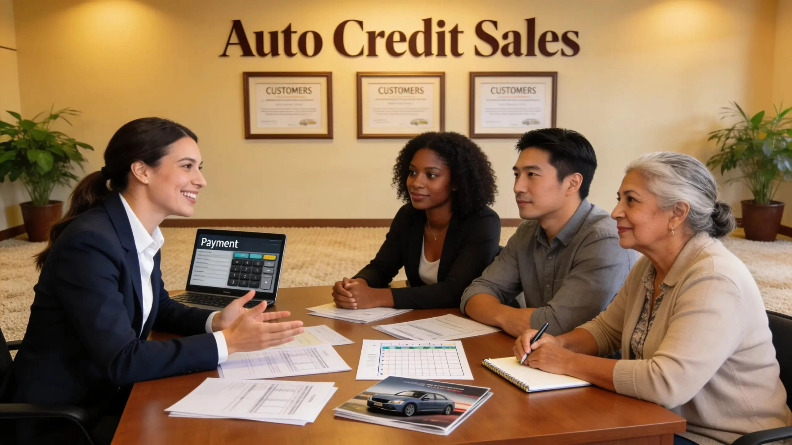 Financial advisor assisting diverse group with used car financing options in a warm office setting.