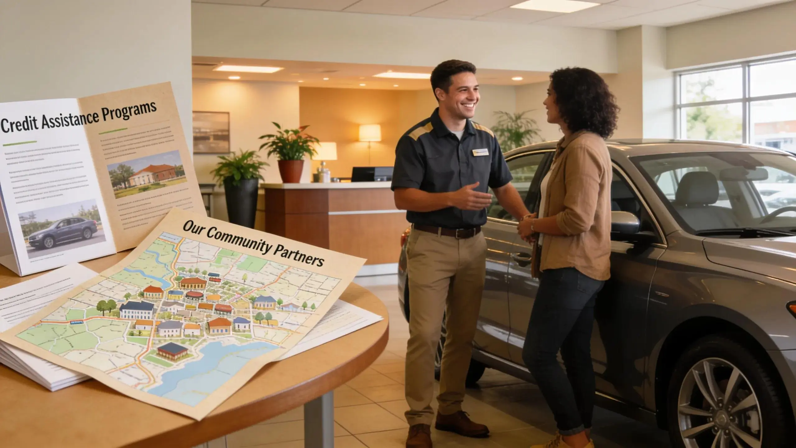Dealership staff providing support to credit-challenged buyers with informational resources