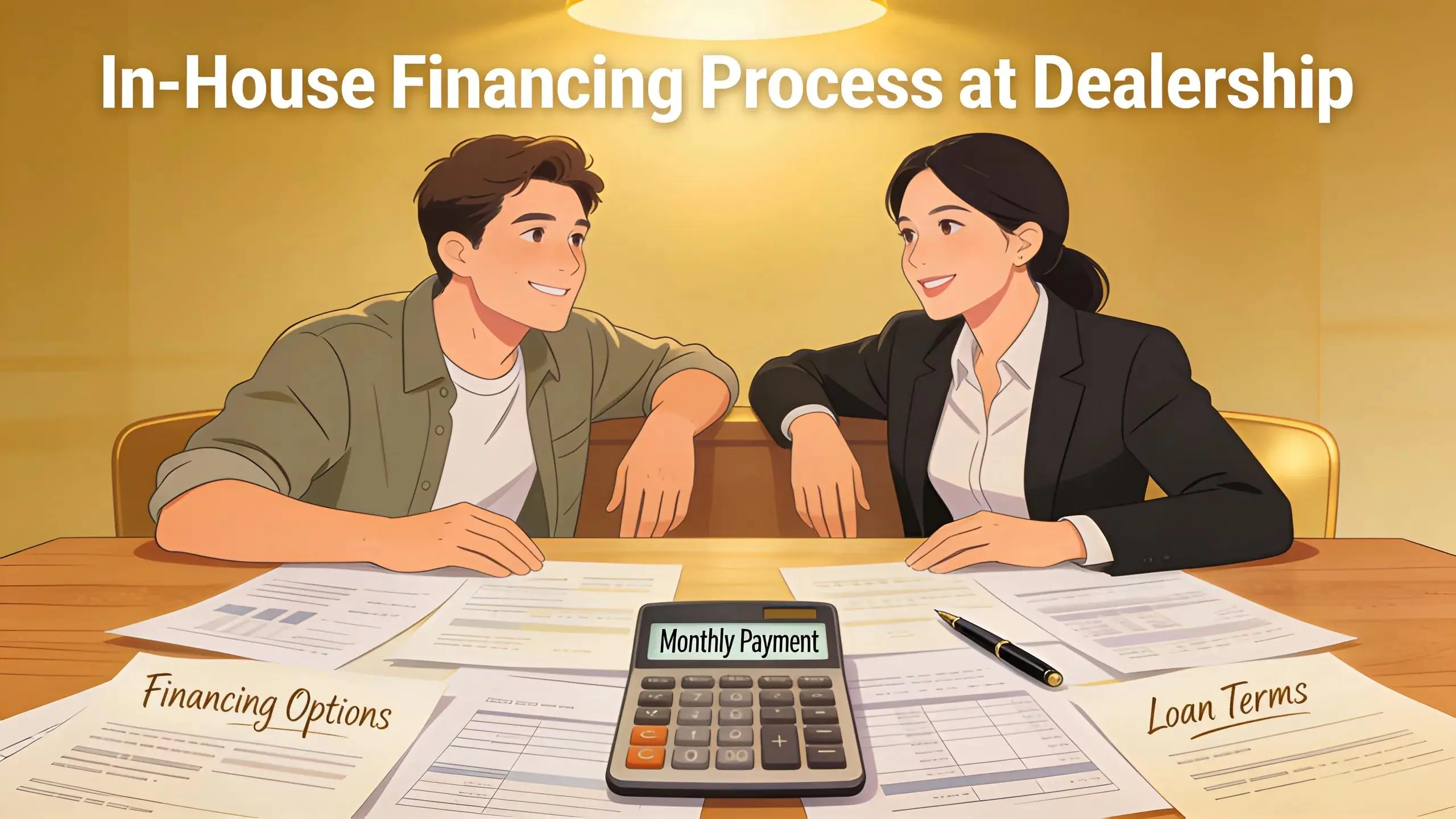 Buyer discussing in-house financing options with dealership representative at a desk